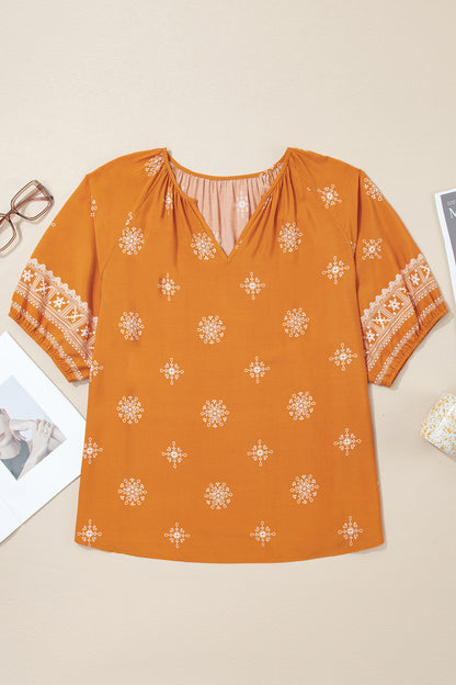 Plus Size Boho Floral Boho Notch V-Neck Top