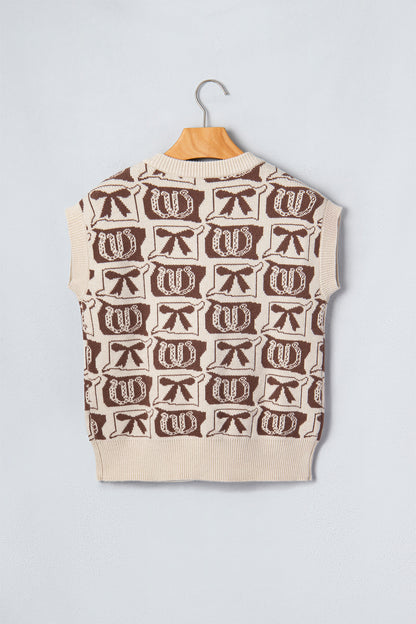 Western Horseshoe Bow Pattern Button Front Sleeveless Knit Top