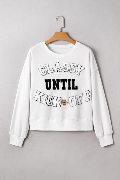CLASSY UNTIL KICKOFF Letter Patch Loose Sweatshirt