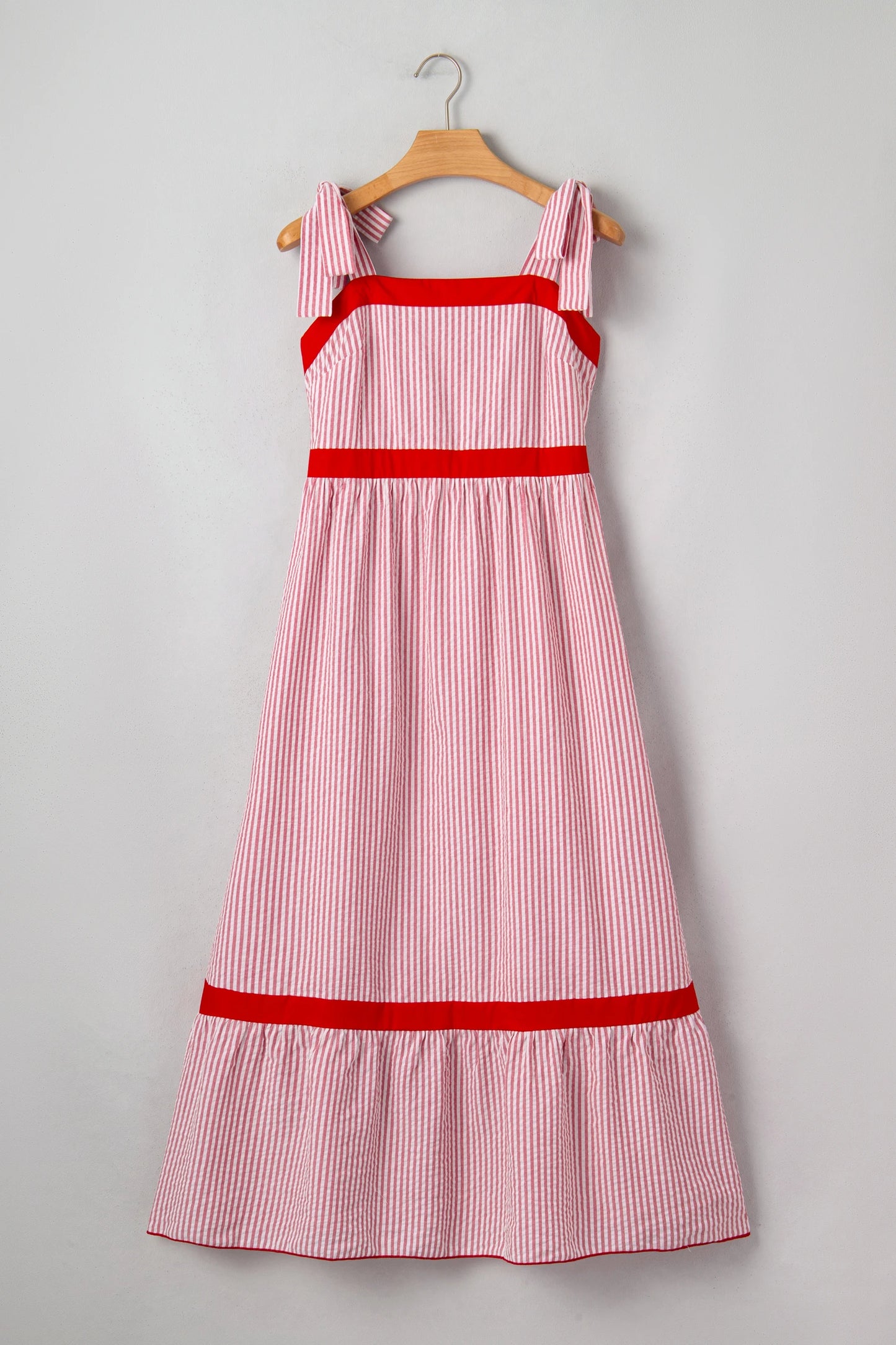 Stripe Bow Tie Straps Ruffle Hem Maxi Dress