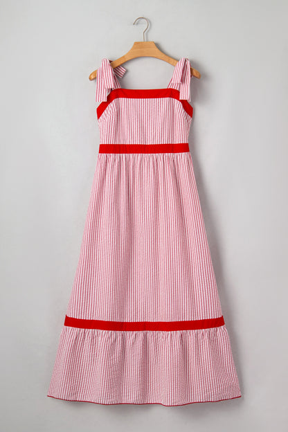 Stripe Bow Tie Straps Ruffle Hem Maxi Dress