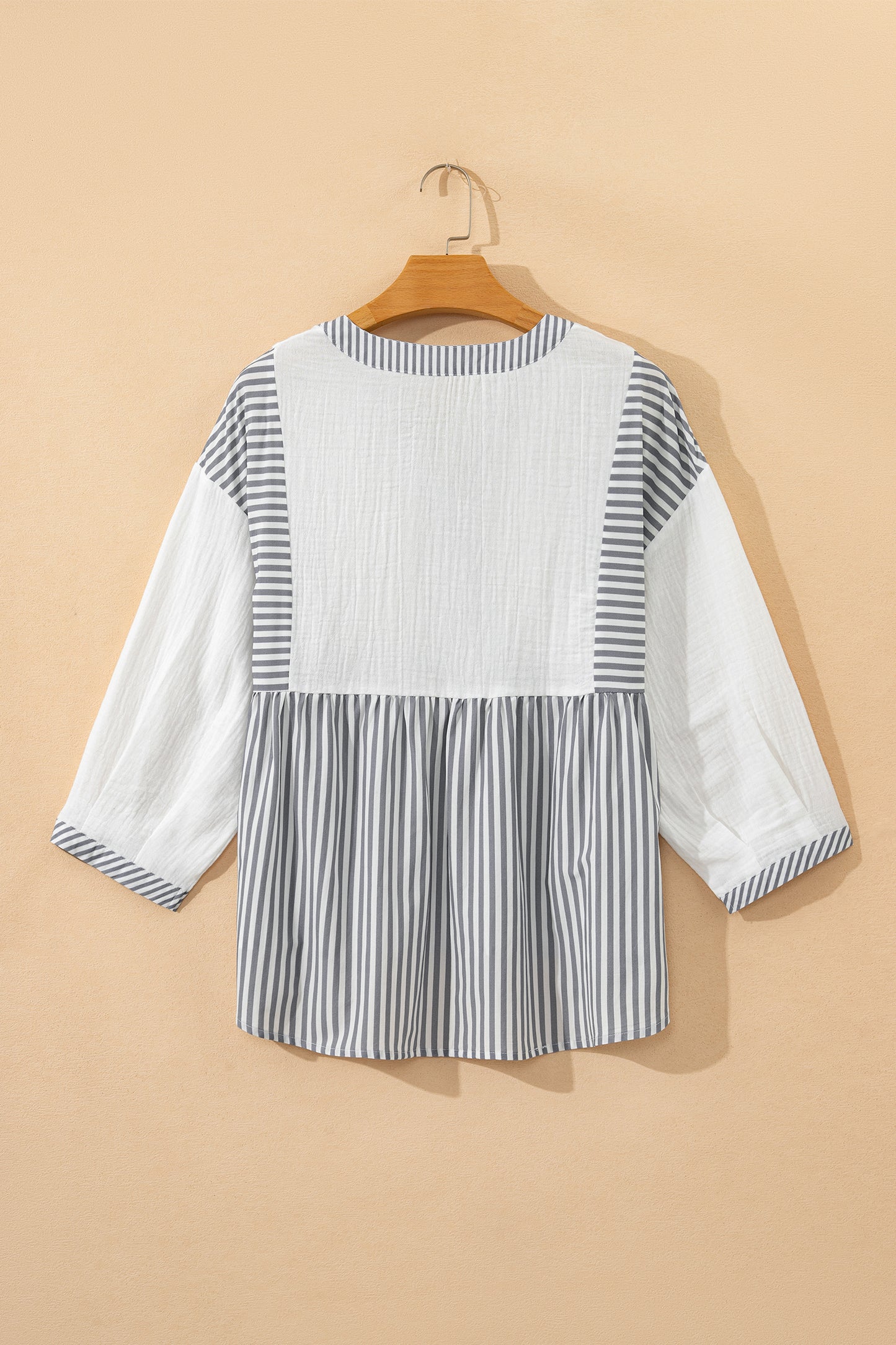 Stripe Gauze Patchwork Half Buttoned Babydoll Blouse