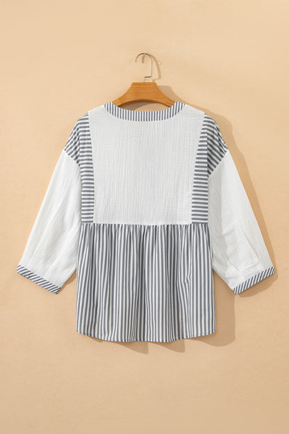 Stripe Gauze Patchwork Half Buttoned Babydoll Blouse