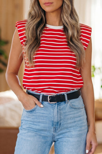 Stripe Ribbed Trim Round Neck Tank Top
