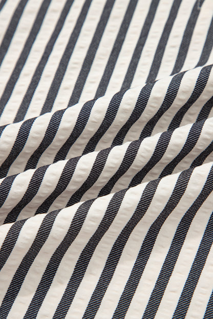 Stripe Half Zip Polo Collar Puff Sleeve Blouse