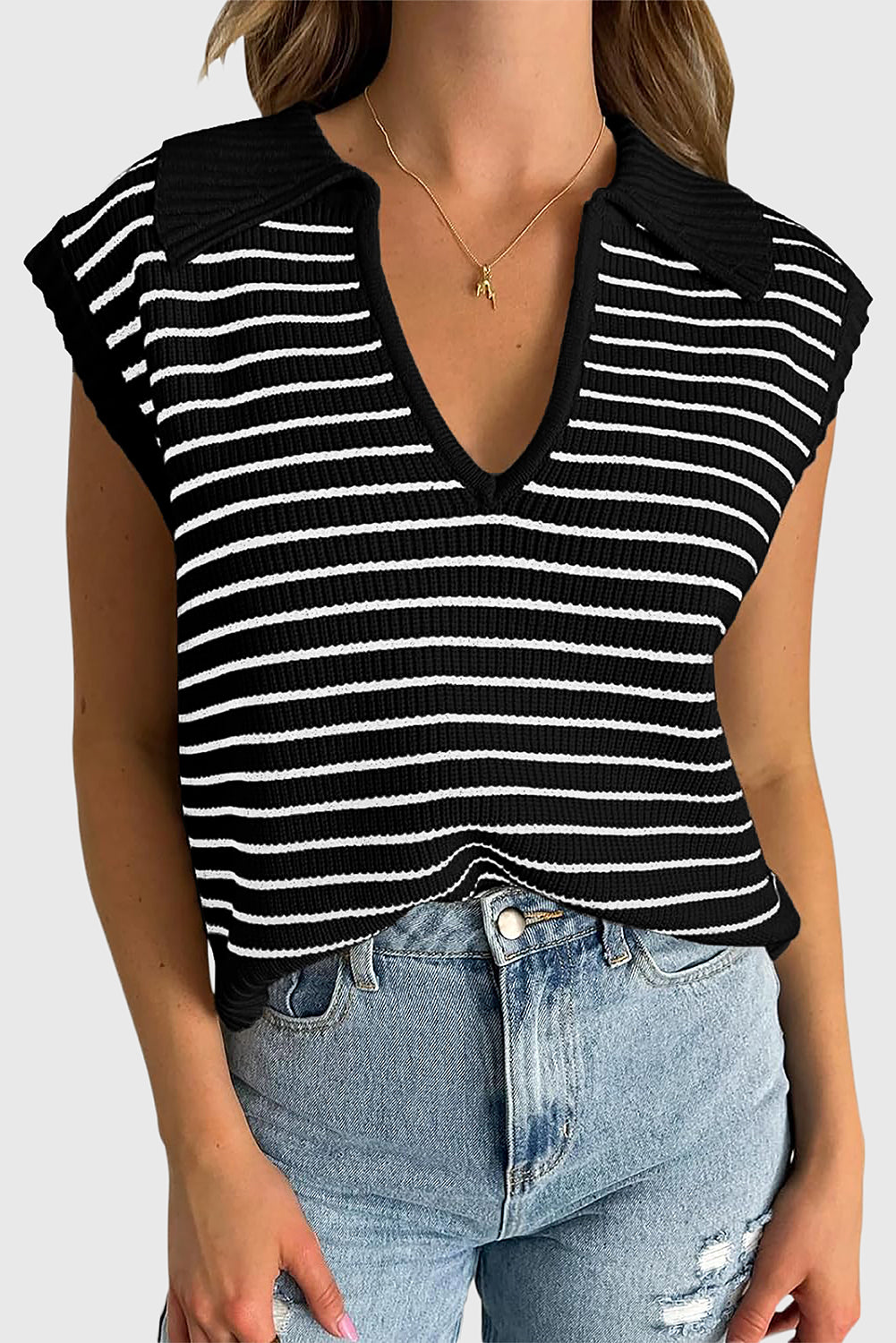 Stripe Collared Sweater Tank Top