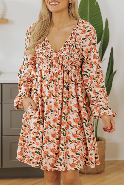 Floral Smocked V-Neck Bubble Sleeve Babydoll Dress