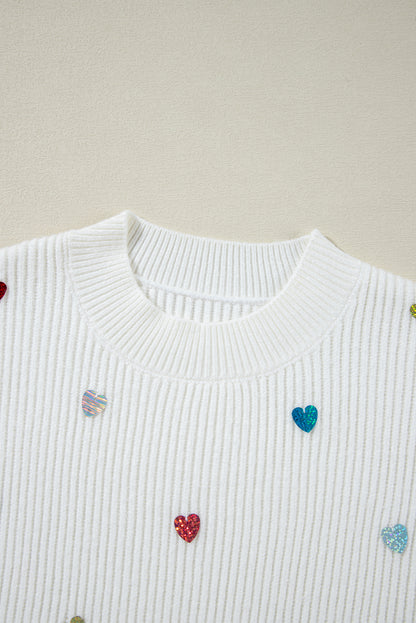 Valentine Heart Sequin Ribbed Knit Crewneck Sweater