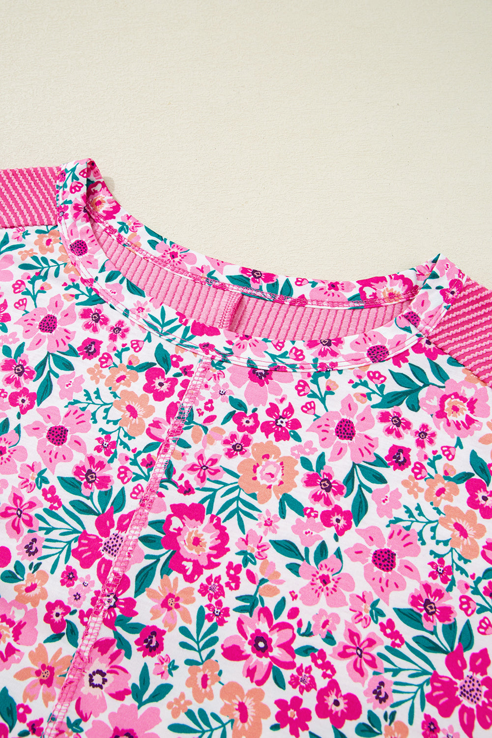 Plus Size Floral Corded Patchwork Crewneck Top