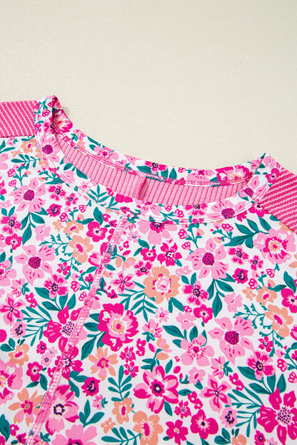 Plus Size Floral Corded Patchwork Crewneck Top