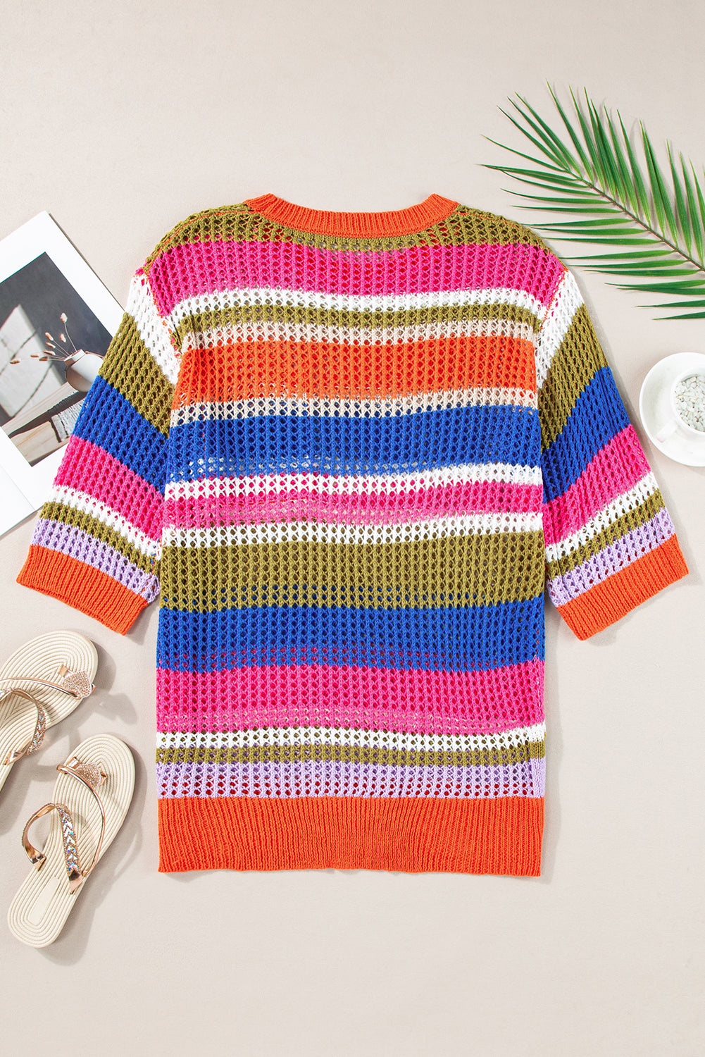 Stripe Colorblock Crochet 3/4 Sleeve Sweater