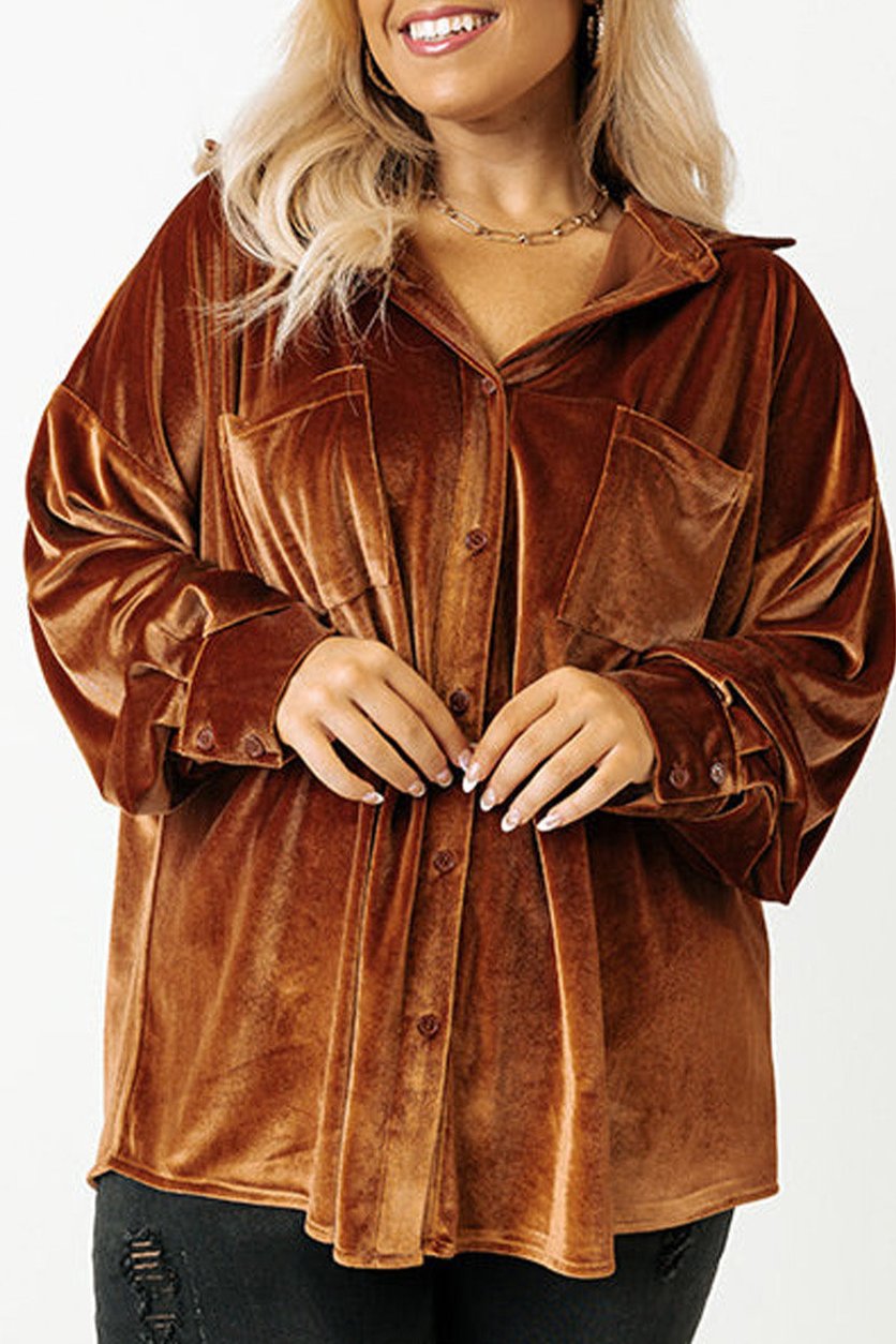 Plus Size Velvet Chest Pocket Buttoned Shirt