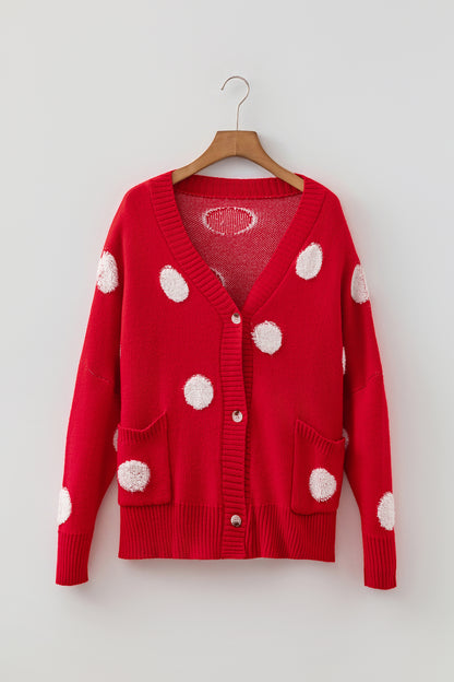 Polka Dot Button Front Oversized V-Neck Cardigan