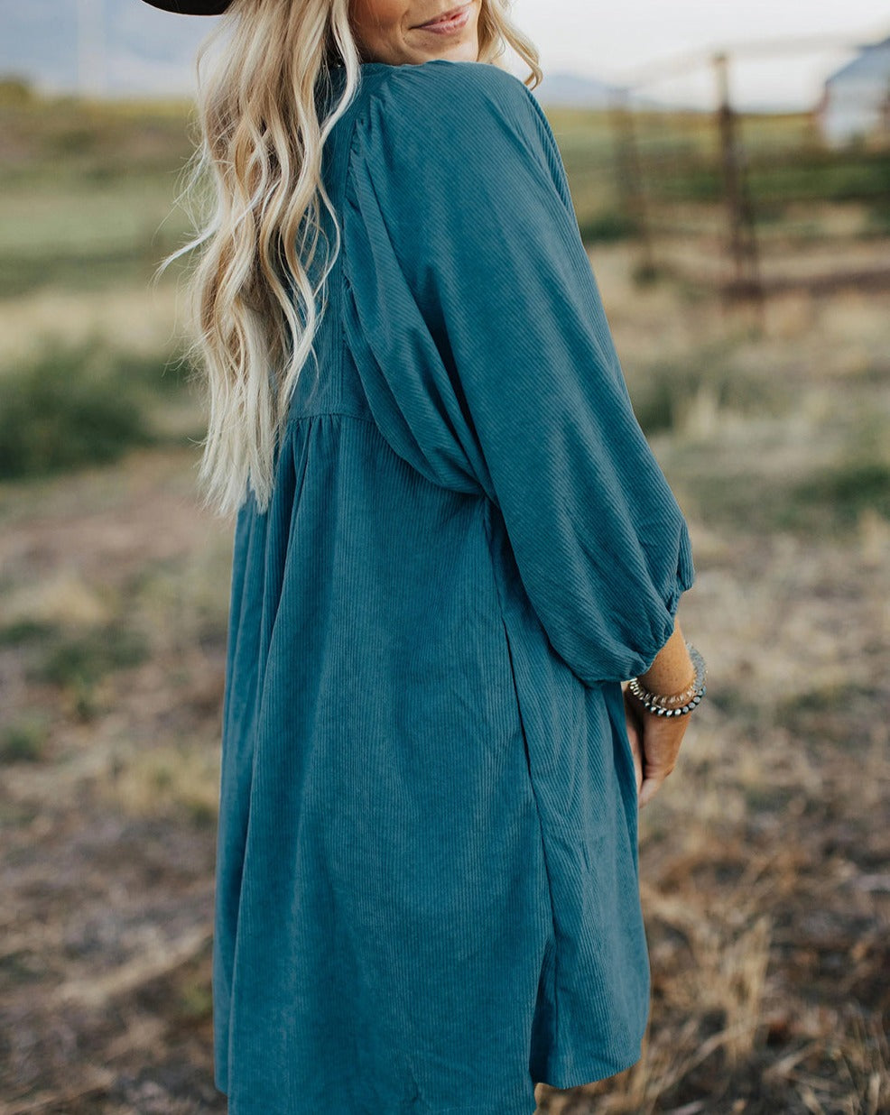 Corduroy Buttoned 3/4 Sleeve Dress