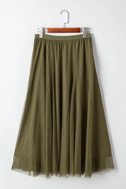 Solid Tulle Mesh Overlay Flared Midi Skirt