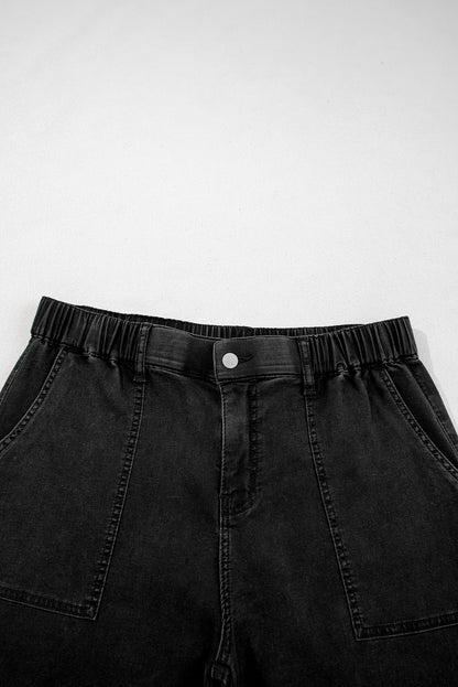 Plus Size Denim Elastic Waist Ruffle Wide Leg Pants