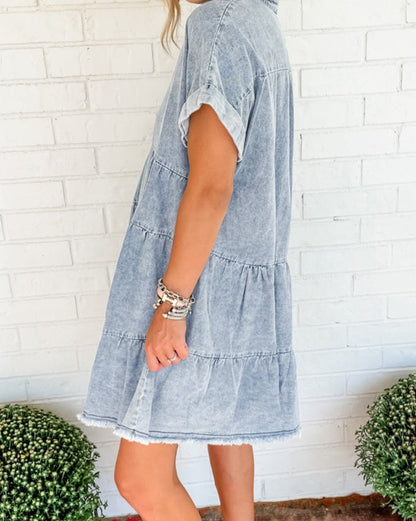 Denim Acid Washed Tiered Dress