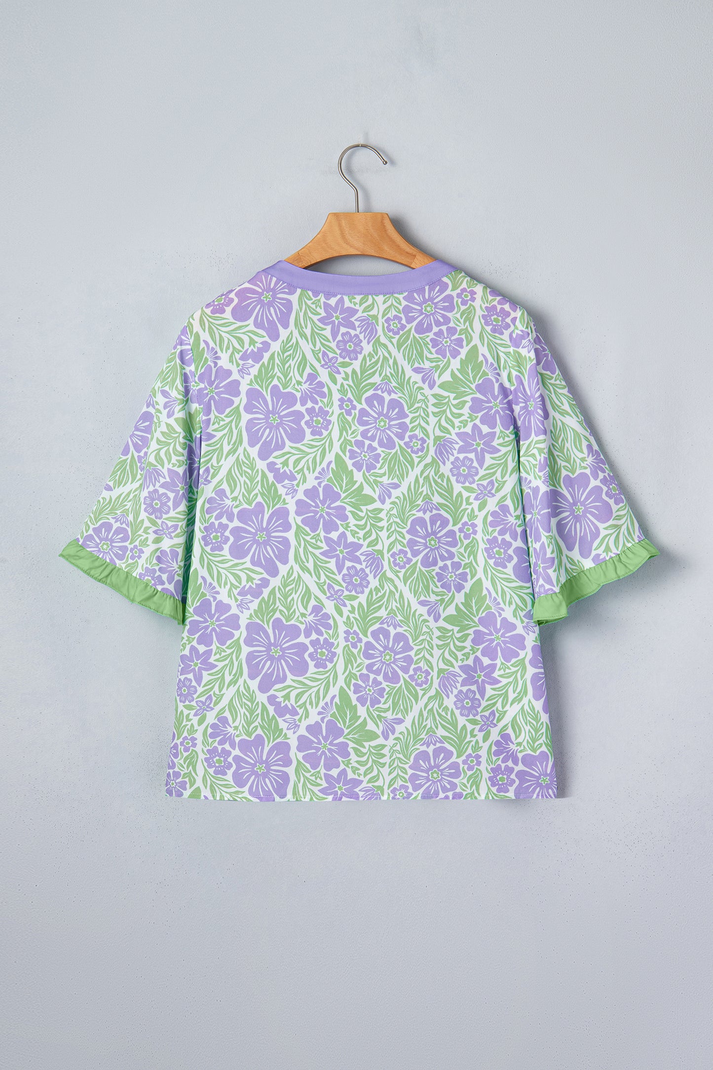 Floral Ruffle Colorblock Trim Short Sleeve Blouse