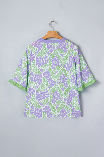 Floral Ruffle Colorblock Trim Short Sleeve Blouse