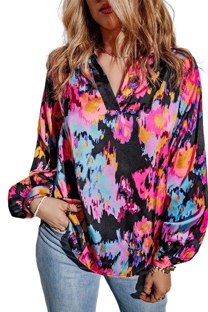 Abstract Floral Puff Sleeve Blouse