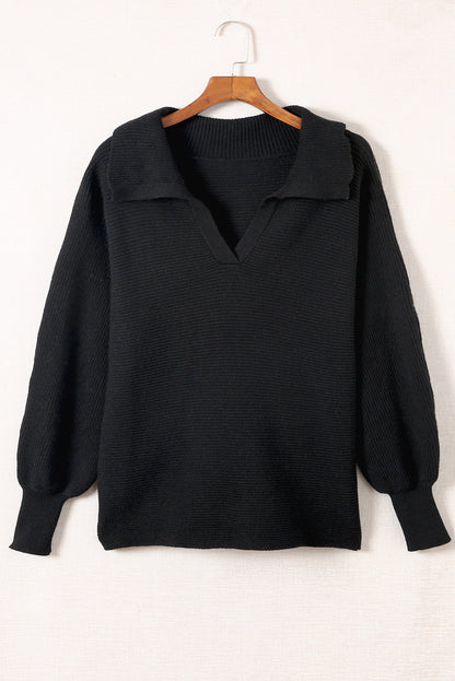 Plus Size Ribbed Collared V-Neck Sweater