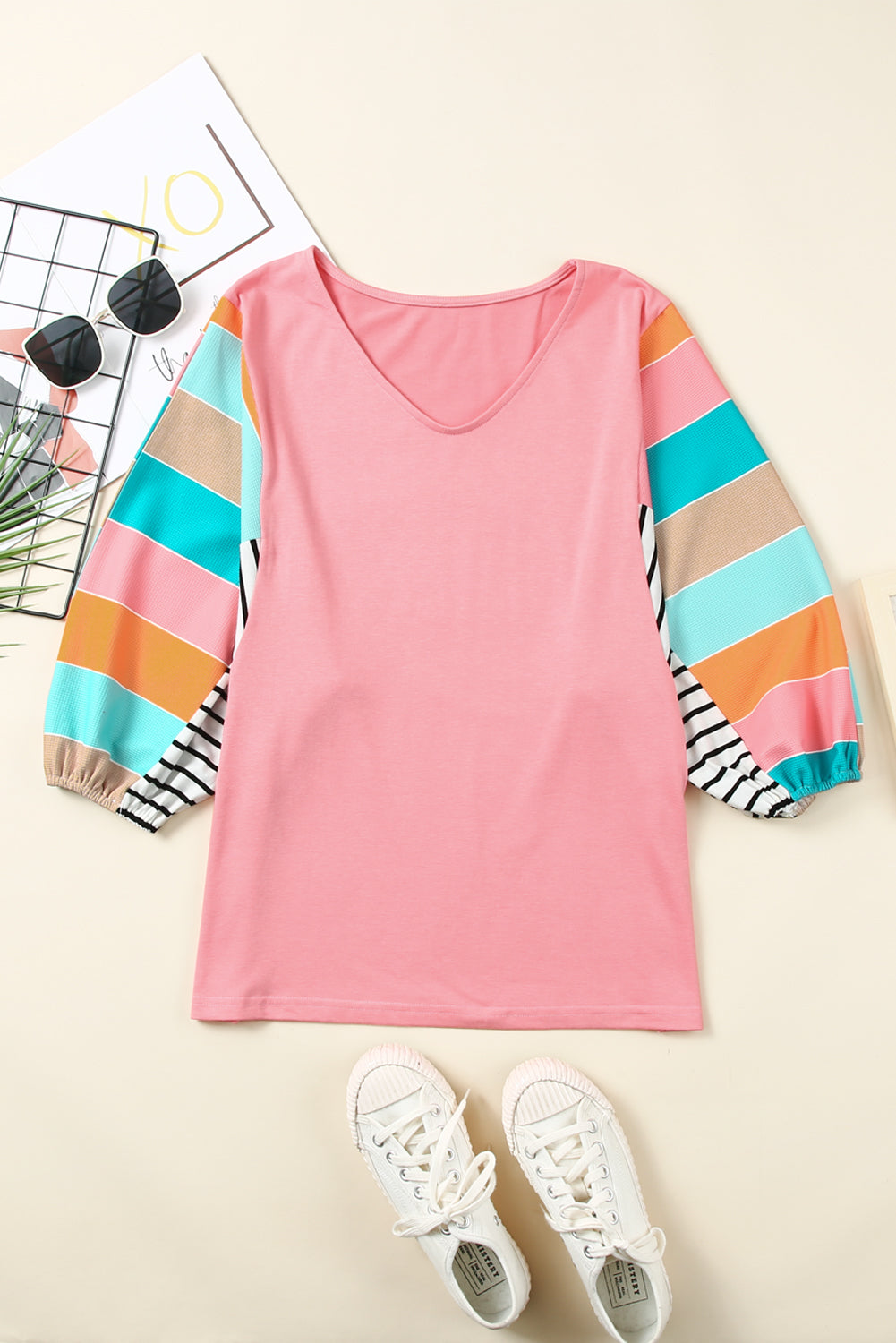 Stripe Colorblock Bubble Sleeve Top