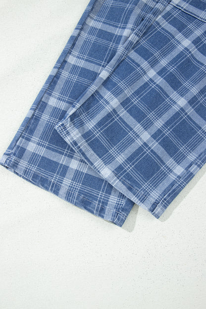 Denim Plaid Grommet Drawstring Waist Jeans