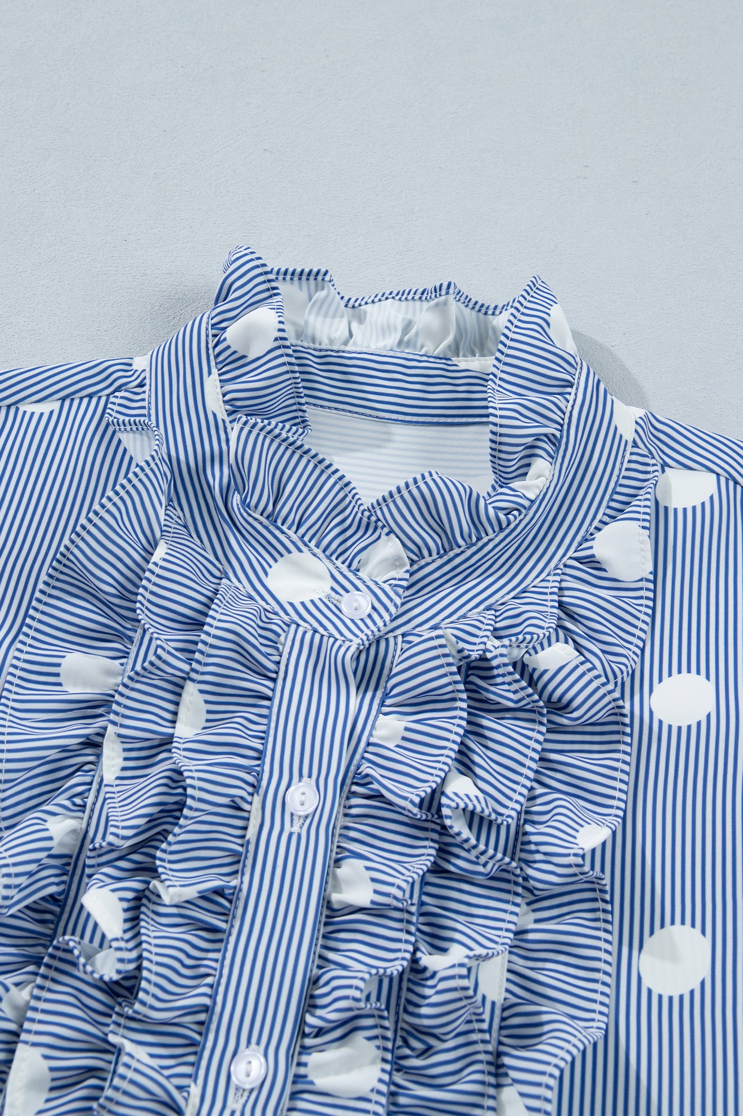 Stripe Contrast Polka Dot Pleated Ruffle Sleeve Shirt