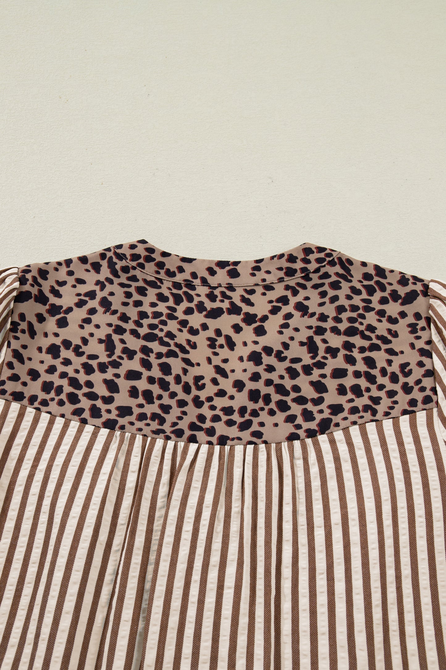 Stripe Leopard Trim V-Neck Buttoned Short Sleeve Shirt