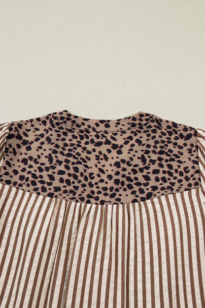 Stripe Leopard Trim V-Neck Buttoned Short Sleeve Shirt