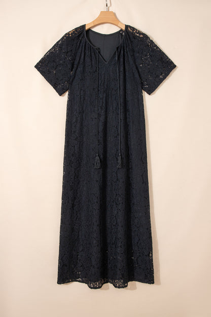 Lace Overlay Tassel Tie Short Sleeve Maxi Dress