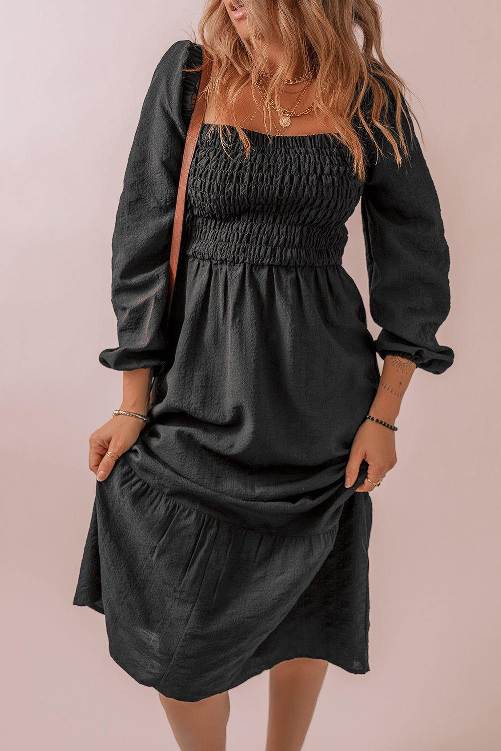 Smocked Square Neck Midi Dress