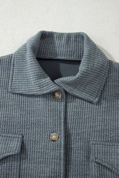 Ribbed Knit Flap Pocket Button-Up Shacket