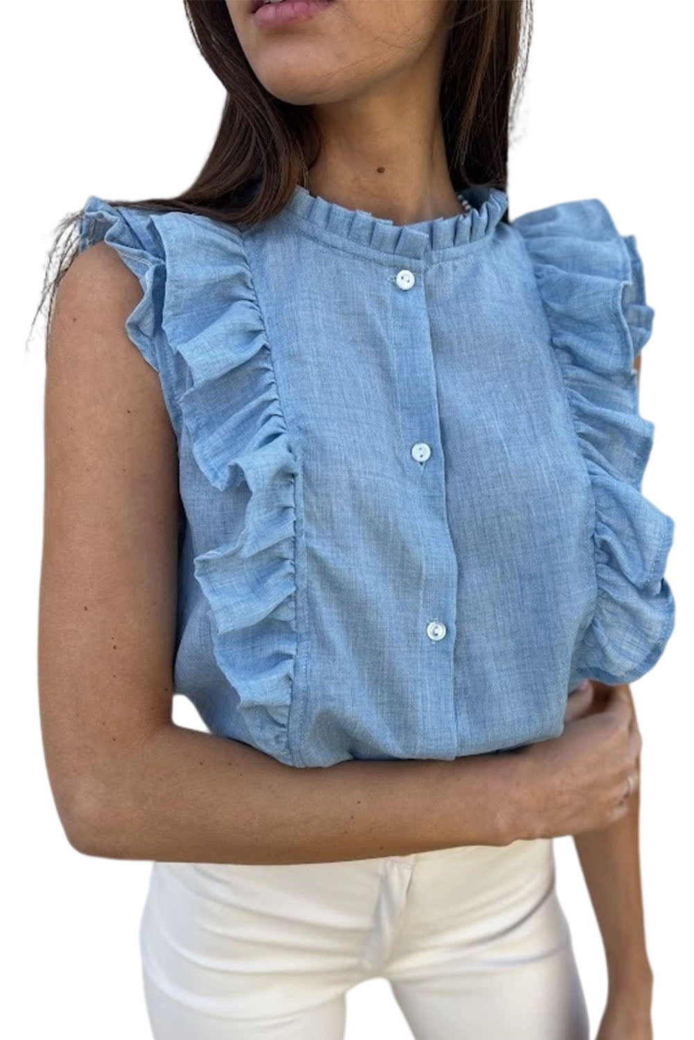 Ruffle Trim Sleeveless Buttoned Shirt