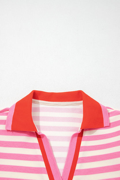 Stripe Contrast Trim Polo Collar Ruffle Sleeve Blouse