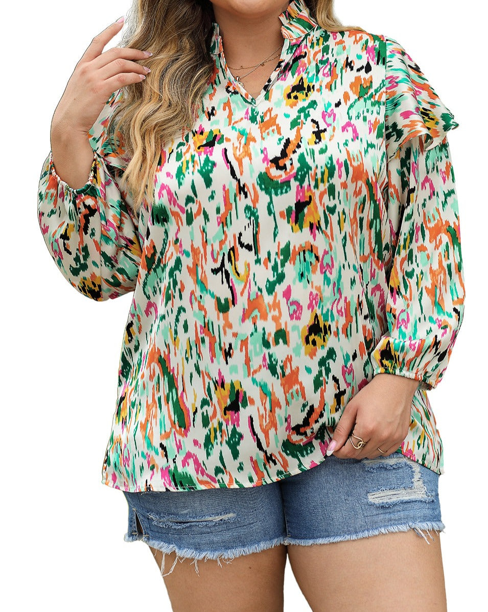 Abstract Ruffle V-Neck Blouse Plus Size