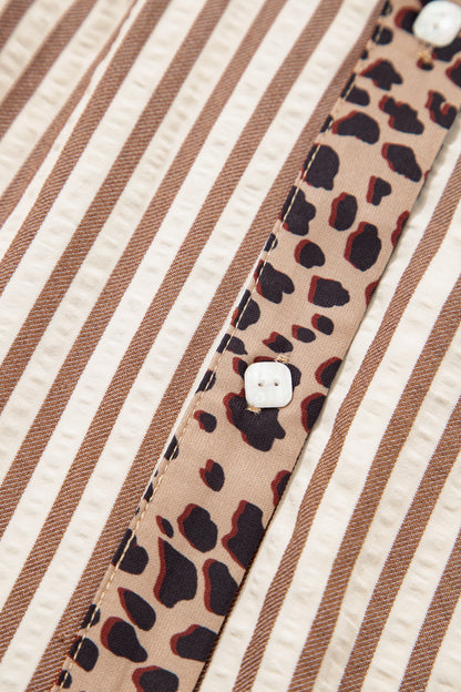 Stripe Leopard Trim 3/4 Sleeve Midi Shirt Dress