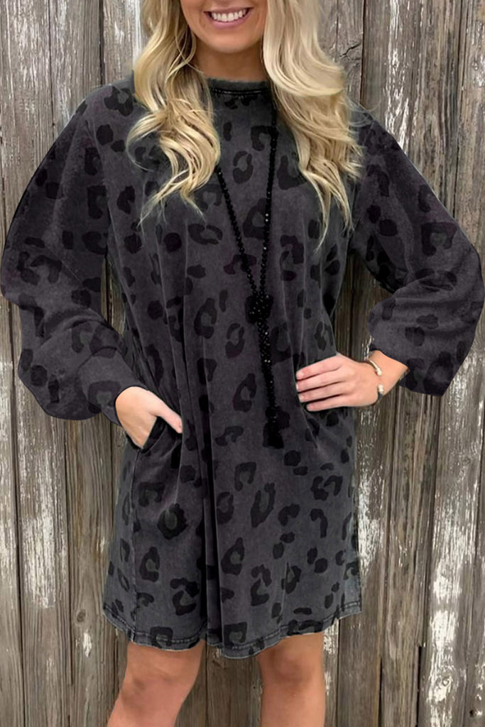 Leopard Pocketed Puff Sleeve Dress