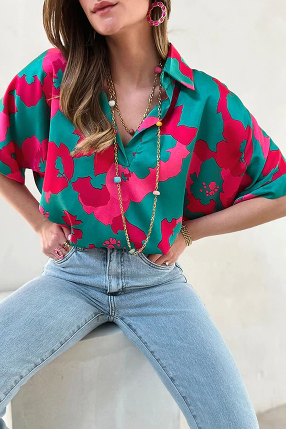 Abstract Collared V-Neck Blouse