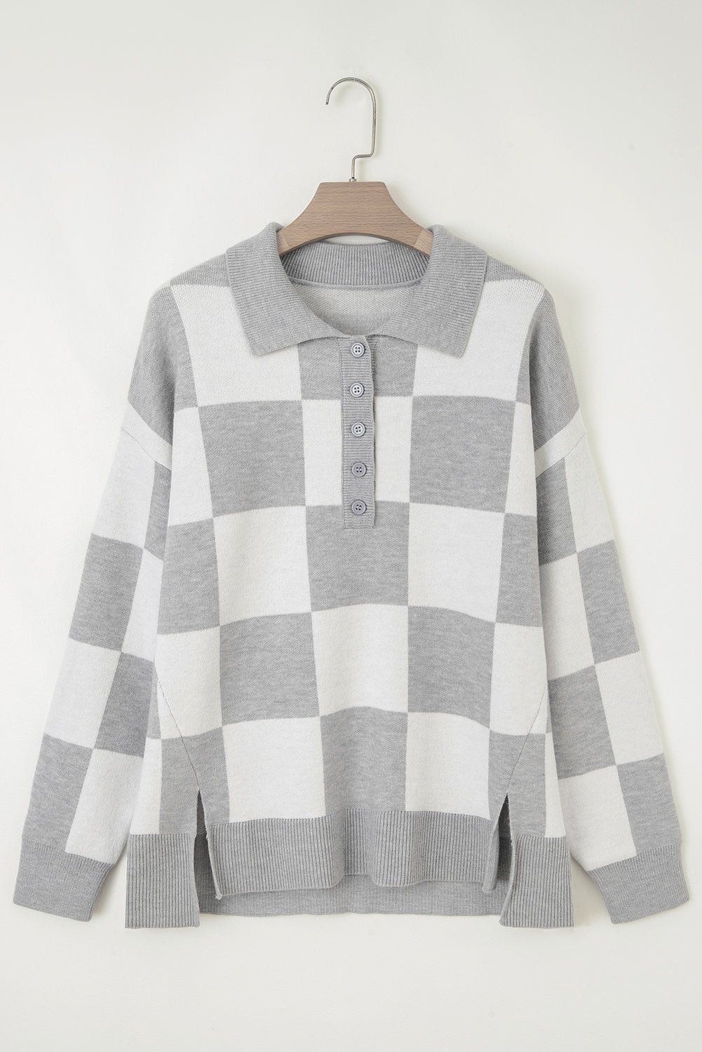 Plus Size Checker Buttoned Polo Collar Sweater