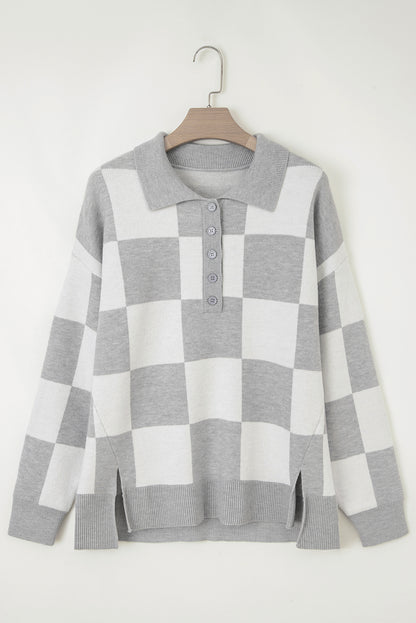 Plus Size Checker Buttoned Polo Collar Sweater