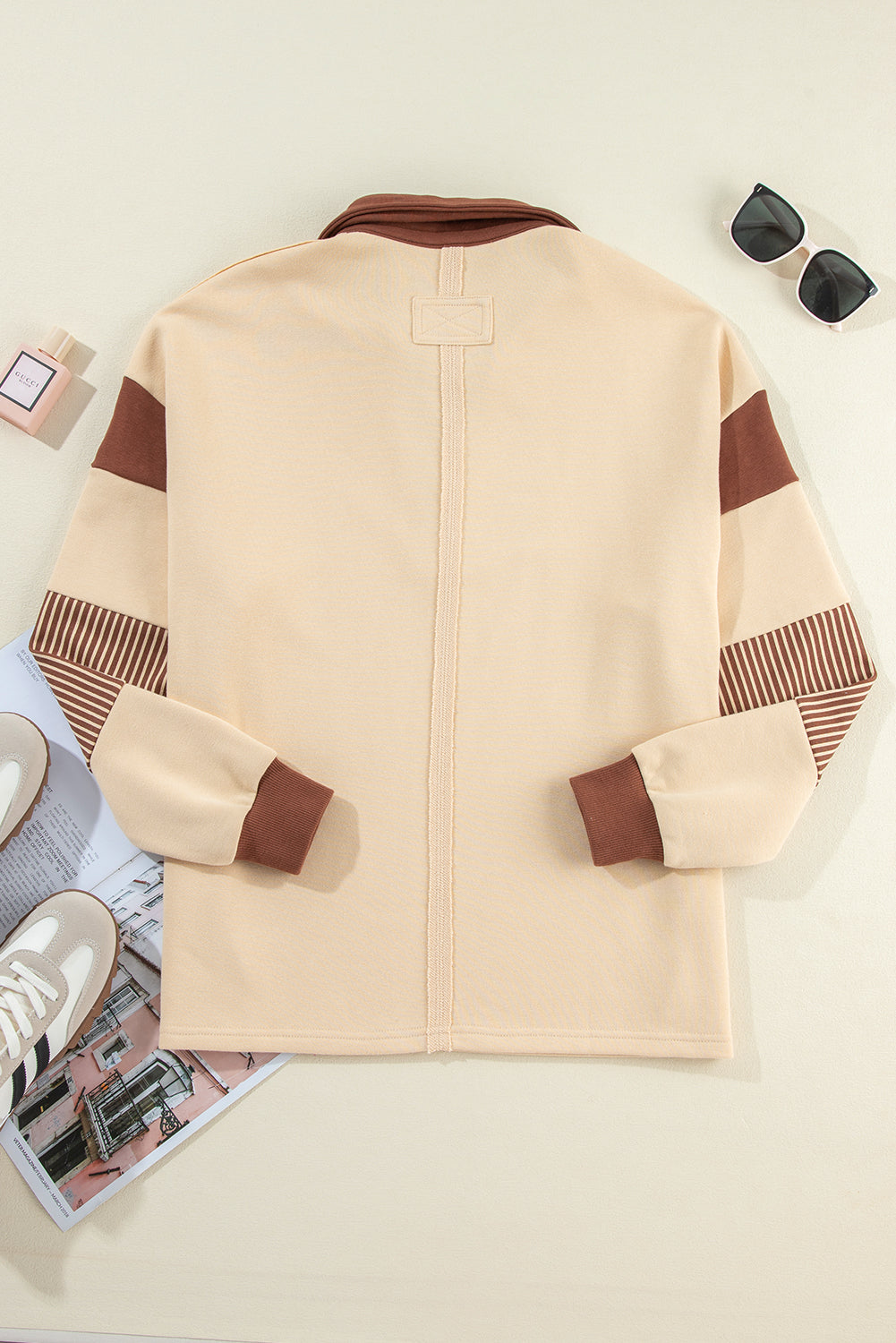 Stripe Colorblock Collared V-Neck Sweatshirt