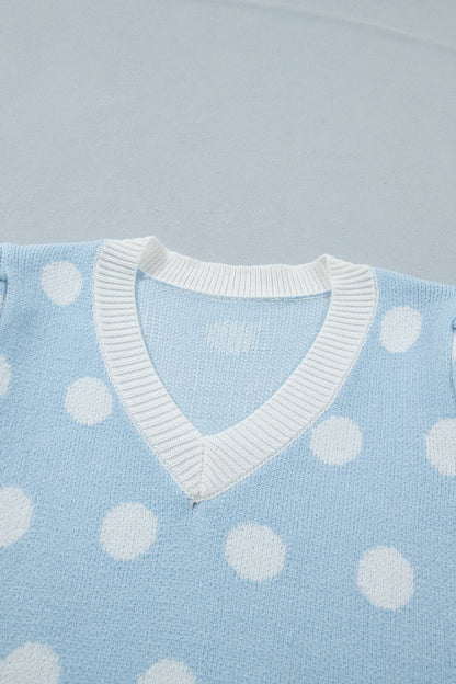 Polka Dot Puff Short Sleeve V-Neck Sweater