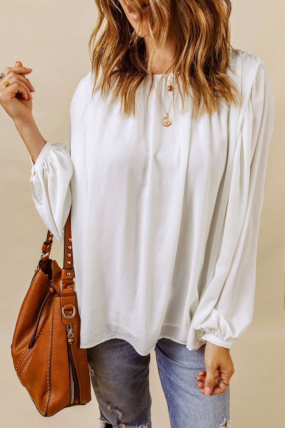 Ruched Crewneck Puff Sleeve Blouse