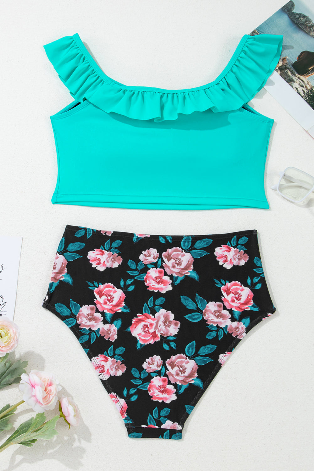 Floral Colorblock Ruffle Bikini Set