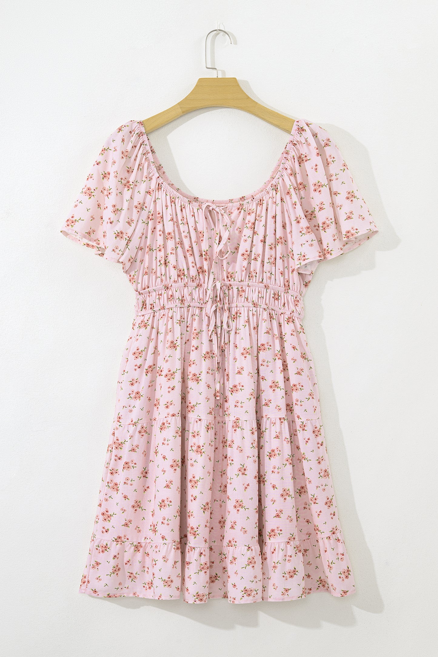 Floral Front Tie Shirred Waist Ruffle Mini Dress