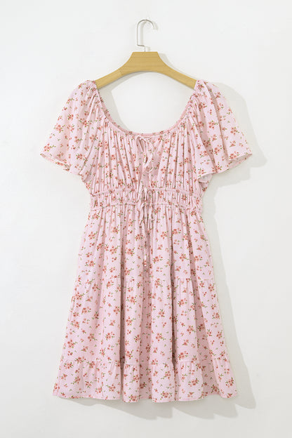 Floral Front Tie Shirred Waist Ruffle Mini Dress