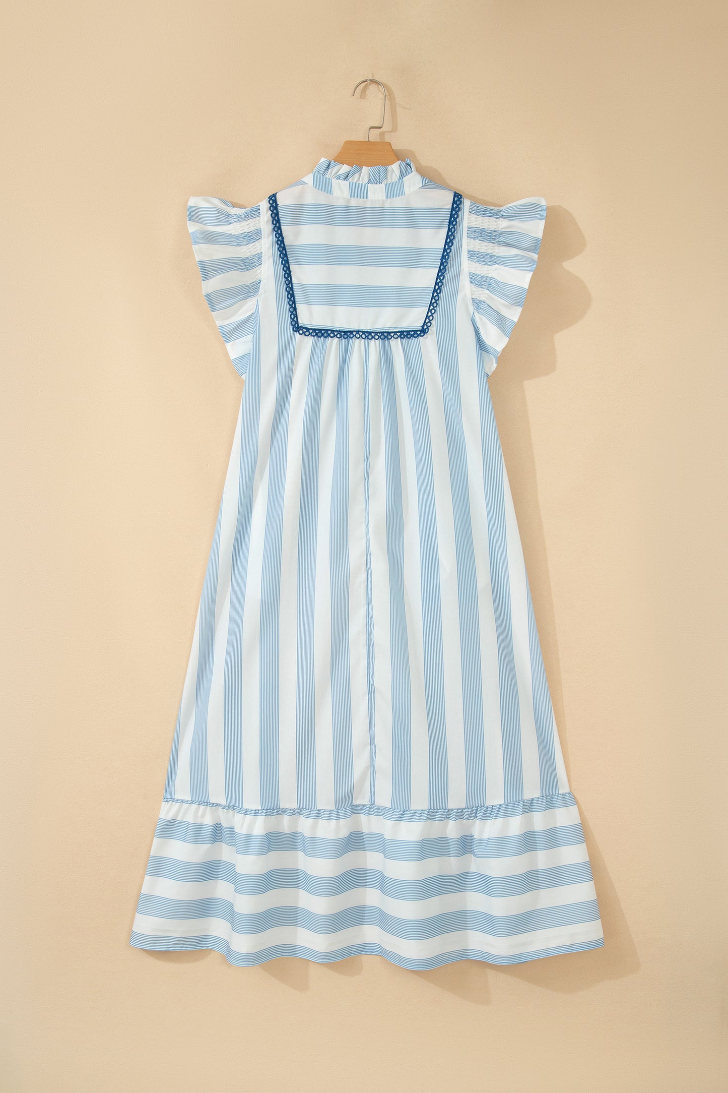 Stripe Lace Trim V-Neck Ruffle Midi Dress