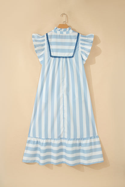 Stripe Lace Trim V-Neck Ruffle Midi Dress