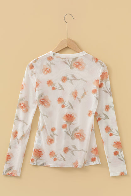 Floral Mesh Round Neck Long Sleeve Top